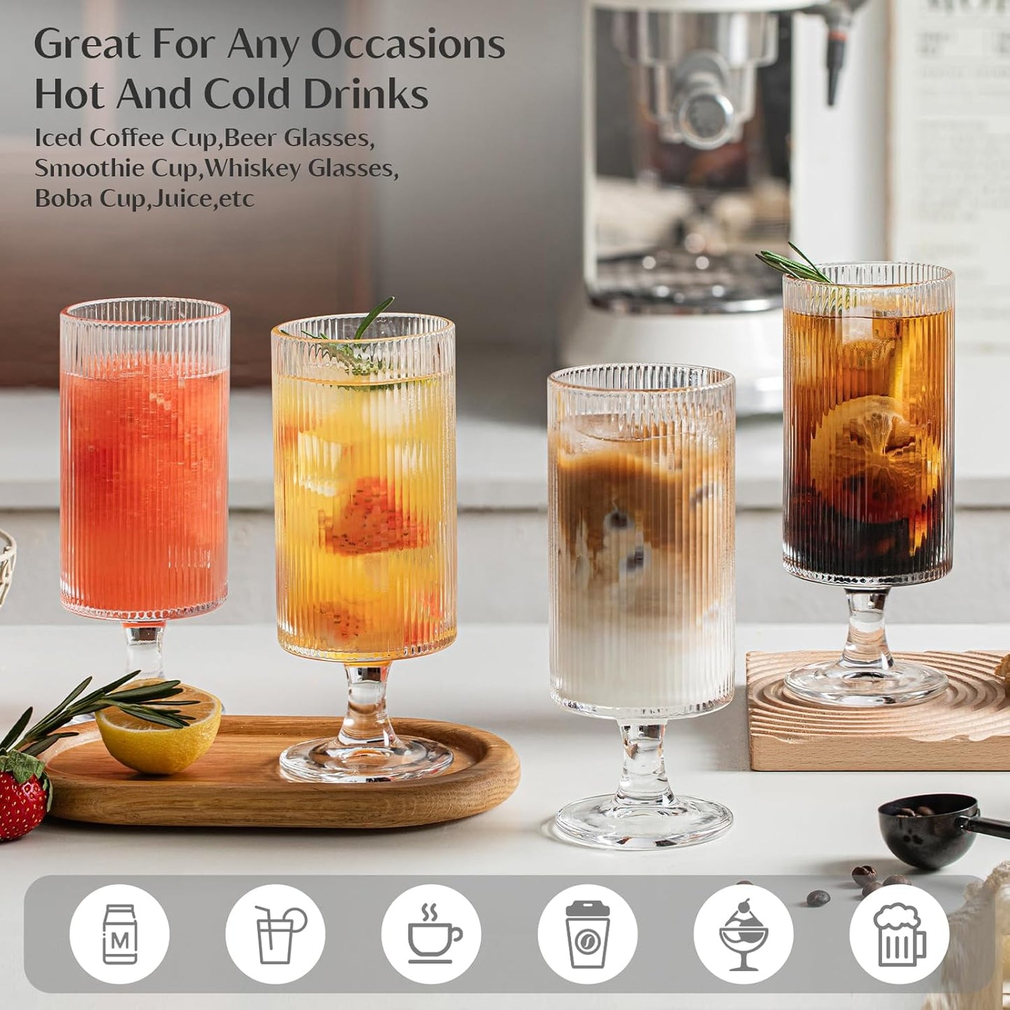 INSETLAN Set of 4 Ribbed Glass Goblets – 12oz Vertical Stripe Stemmed Glassware for Cocktails, Wine, and Beverages – Elegant Durable Glass Cups for Parties, Weddings, and Everyday Use