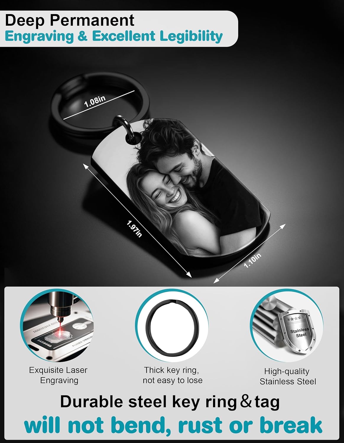 Custom Keychain with Picture - Personalized Keychains with Photo Text Customized Engraved Gifts for Dad