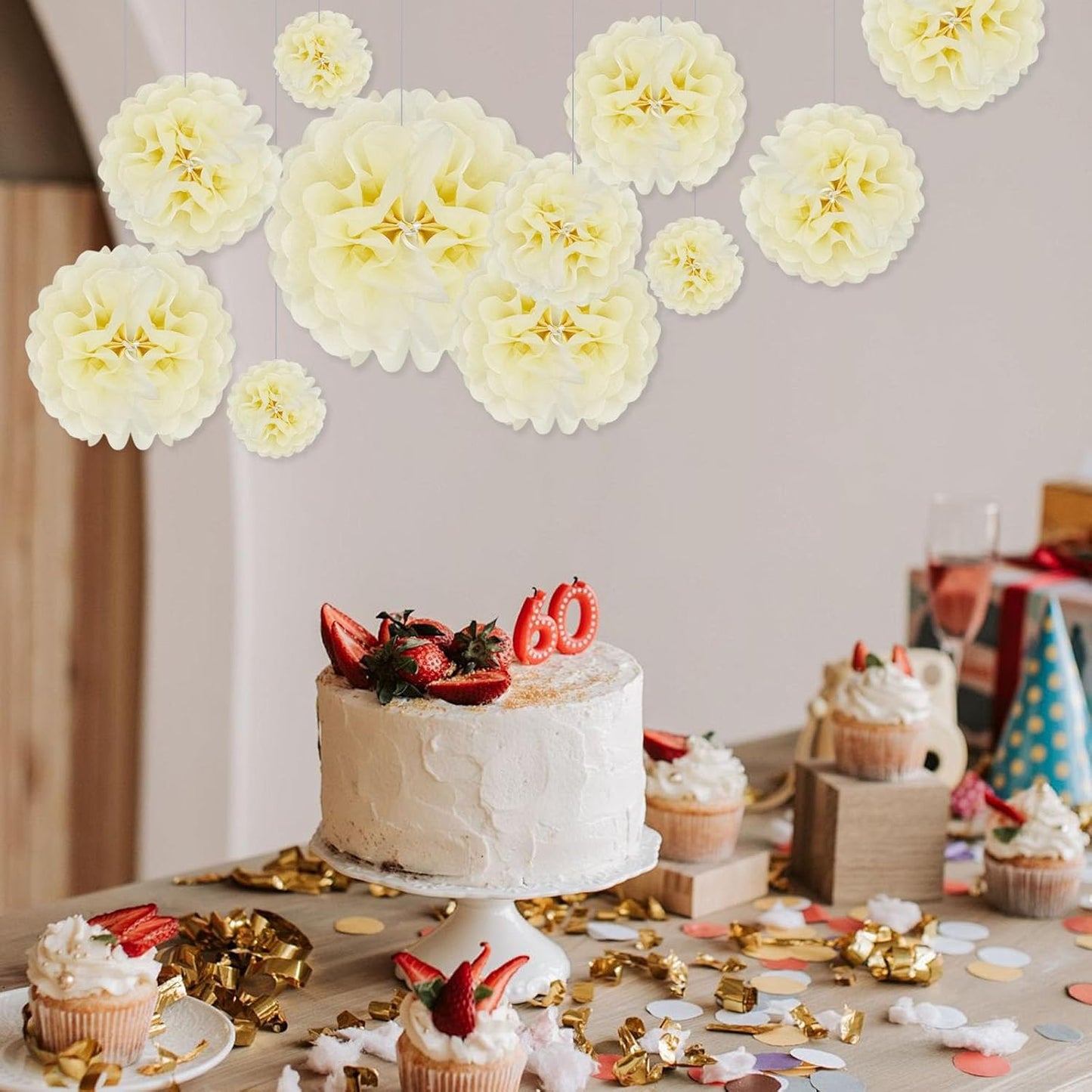 Tissue Paper Pom Poms, Ivory Tissue Paper Flowers, Hanging Flower Balls for Weddings Fiesta Parties Birthday Baby Showers Classroom Bridal Shower Decoration (20Piece Set-6/10/12/14Inch)