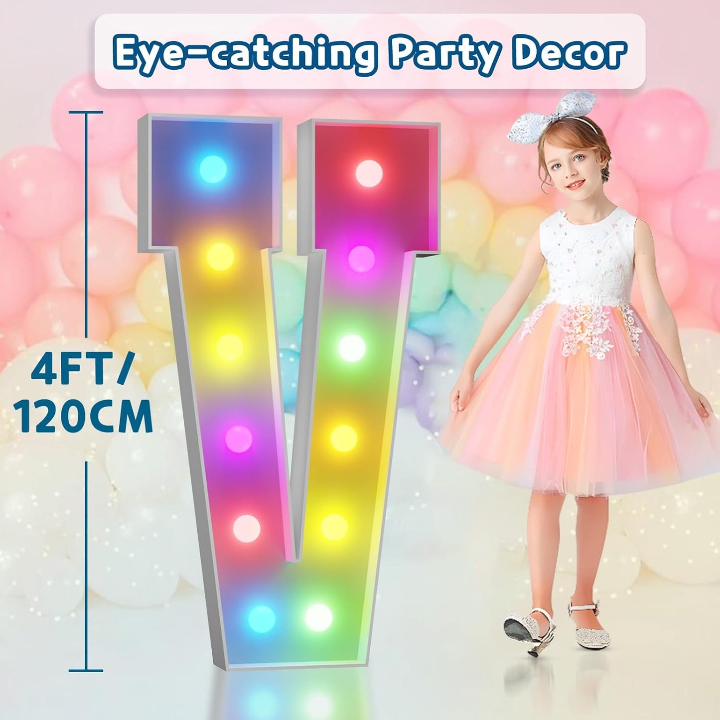 imprsv 4FT Colorful Marquee Light Up Letters V, 18 Colors Large Light up Letters Alphabet Sign with Remote, Large Marry Me Sign, Birthday Party Decorations Baby Shower Anniversary Wedding Decoration