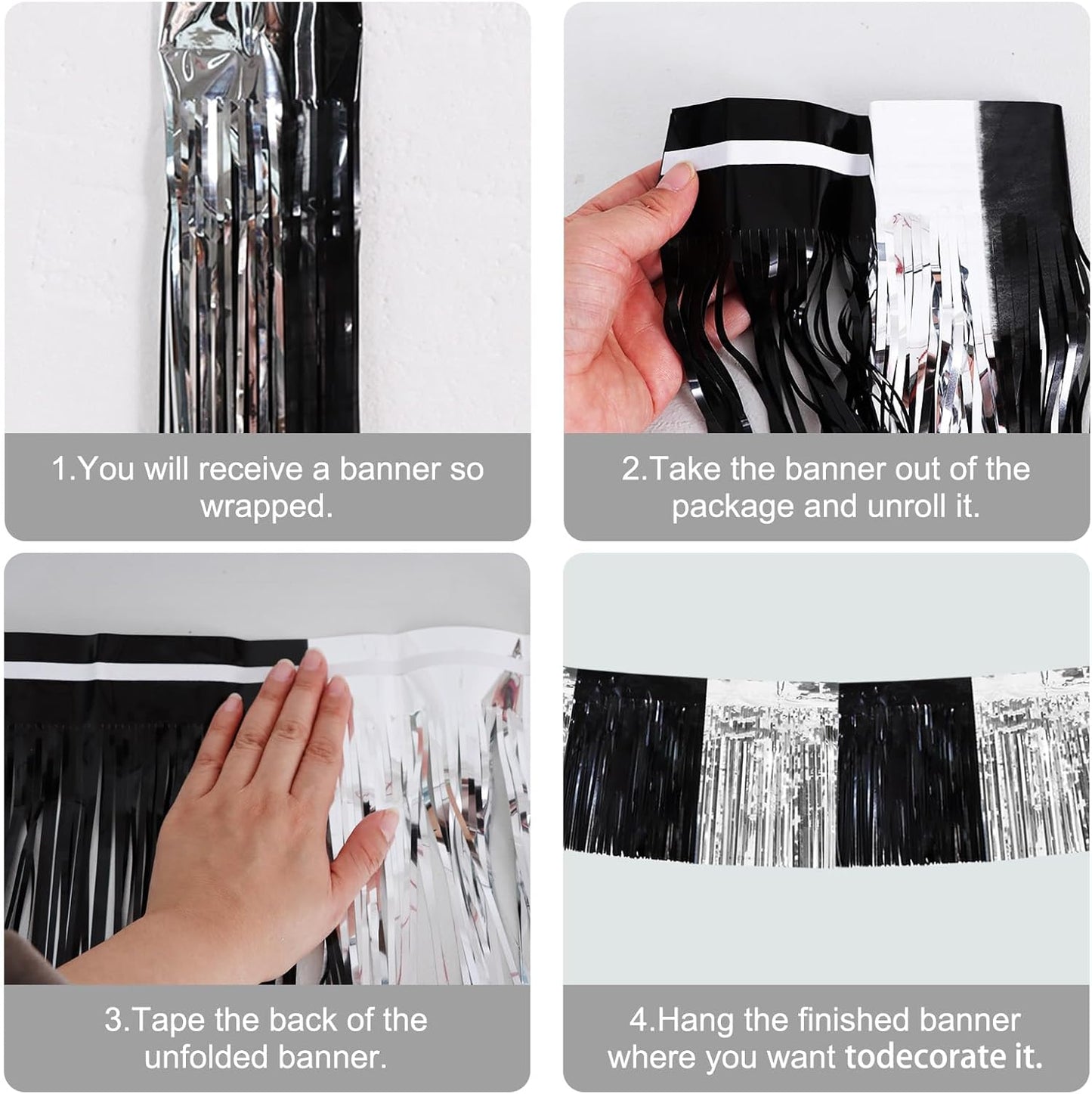 BEISHIDA 3 Packs Metallic Foil Fringe Garland Black Silver Wall Hanging Tinsel Fringe Banners for Car Floats Bridal Shower Wedding Birthday Easter Graduation Holiday Party Decoration(30 Feet)