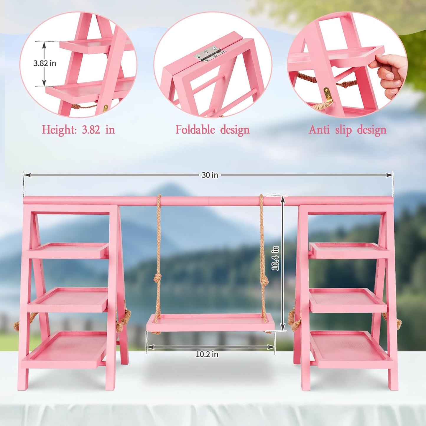 Wooden Cupcake Stand, 3 Tier Cupcake Display Stand for Dessert Display, Dessert Stands with Serving Tray and Foldable Stand for Party, Birthday, Wedding, Events, Baby Shower (Pink)