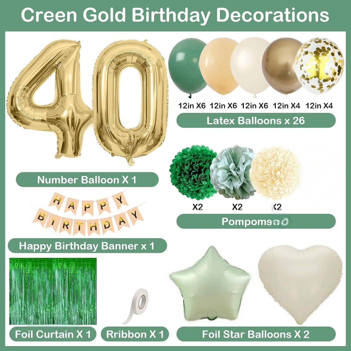 Sage Green 40th Birthday Decorations for Men Gold Number 40 Balloon Nude Gold Happy Birthday Banner Fringe Curtain Paper Pom Poms Olive Green Cream White Sand Star Foil Balloons Party Decor