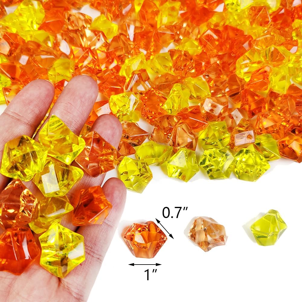HappyFiller Fall Decor Fake Ice Rocks Cubes Acrylic Gems Stones for Vase Fillers,Kitchen Dinning Room Table Scatters,Crafts,Home Centerpieces,Candle Holder,Mix Yellow Amber Orange,14 OZ