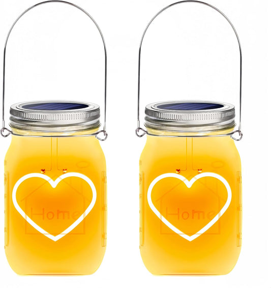 Hanging Solar Mason Jar Lights, 2 Pack Warm Heart Shape Led Lights, Solar Powered Lanterns Outdoor Waterproof, Hangers and Jars Included, Gift for Lover, Home Party Wedding Garden Patio Decor (2)