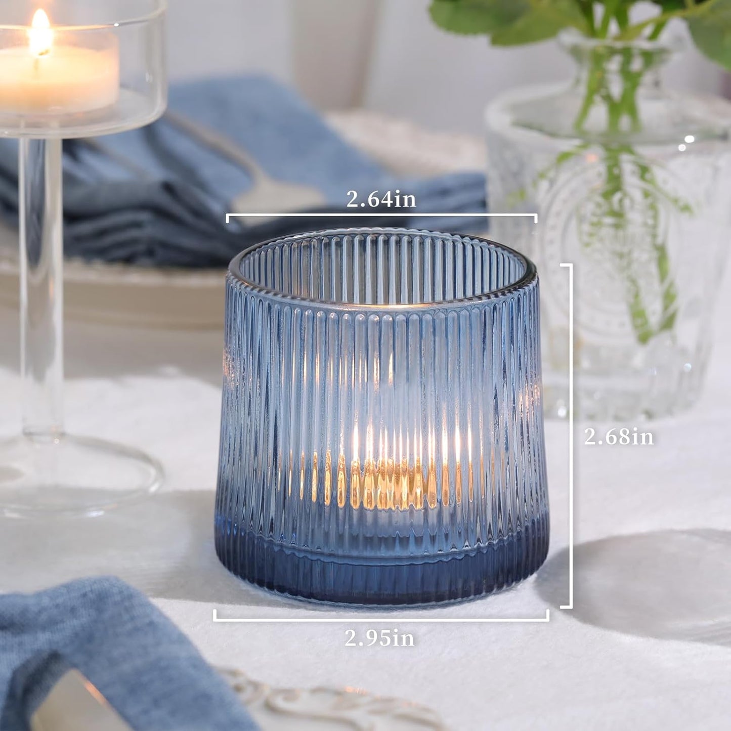 DARJEN Blue Ribbed Tealight Votive Candle Holders Set of 10- Votive Candle Holders for Table Centerpiece, Tea Light Candle Holder Glass for Wedding and Home Decor, Blue Decor and Gifts