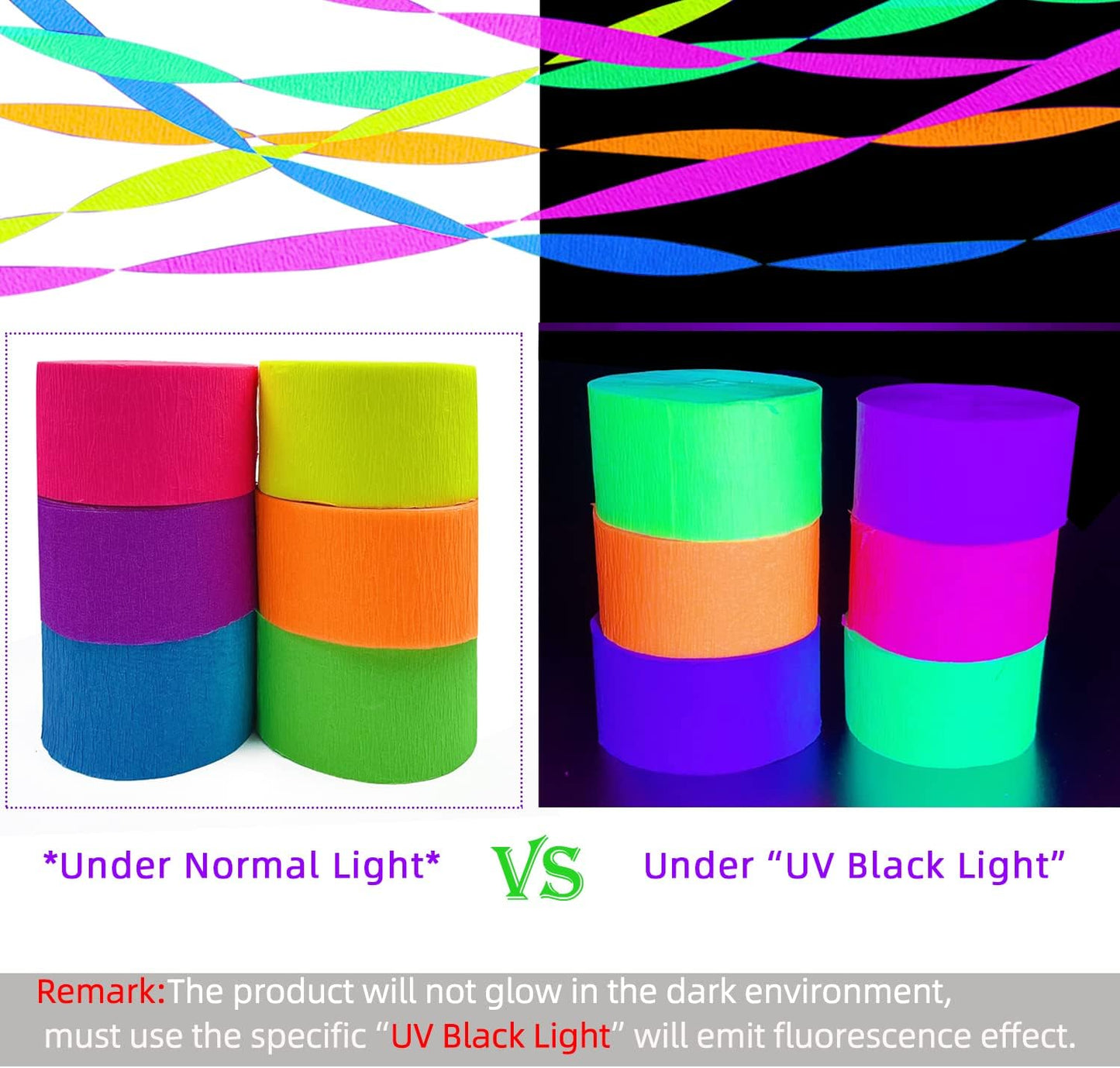 1200 feet Glow Crepe Paper Streamers UV Glow Party Neon Streamer Black Light Reactive Fluorescent Neon Paper Party Streamers Glow in The Dark Wedding Birthday Blacklight Party Decorations