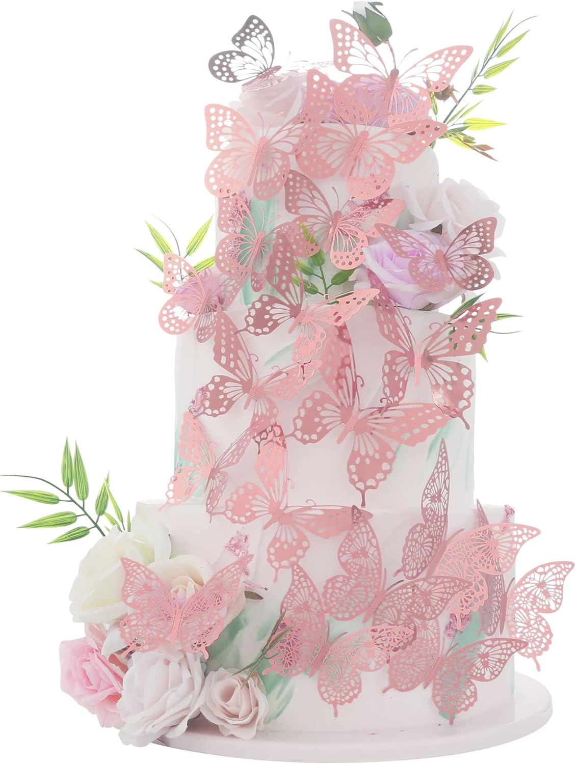 Gyufise 36 Pack Rose Gold Glitter 3D Cupcake Toppers - Hollow Butterfly Cake Decorations for Birthday Wedding Fairy Party - Wall Sticker Decal for Background Wall Decoration