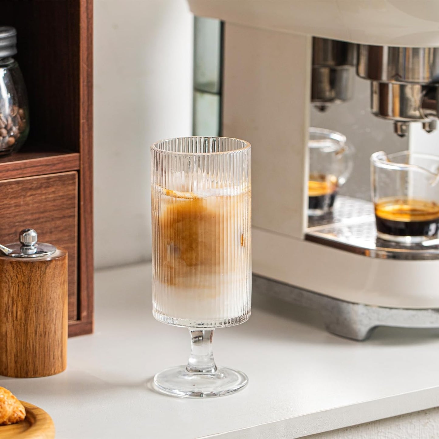 INSETLAN Set of 8 Ribbed Glass Goblets–4 Goblets Glassware 12oz, 4 Short Stem Wine Glasses 10oz, Vertical Stripe Stemmed Glassware, Ideal for Juice, Water, Iced Coffee, Whiskey, Mixed Drinkware