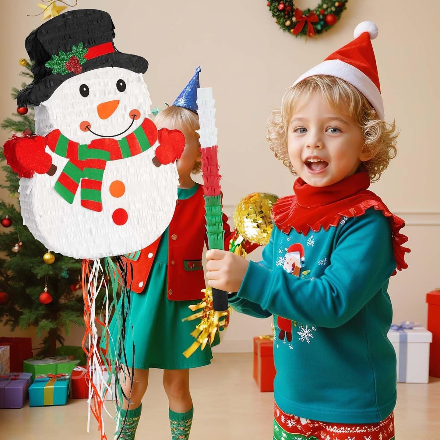 WERNNSAI Christmas Snowman Pinata - Christmas Decorations Snowman Party Game for Kids Merry Xmas Party Decor Supply Winter Festival Gift Favor White Snowman Pinata Large Pull String with Blindfold Bat