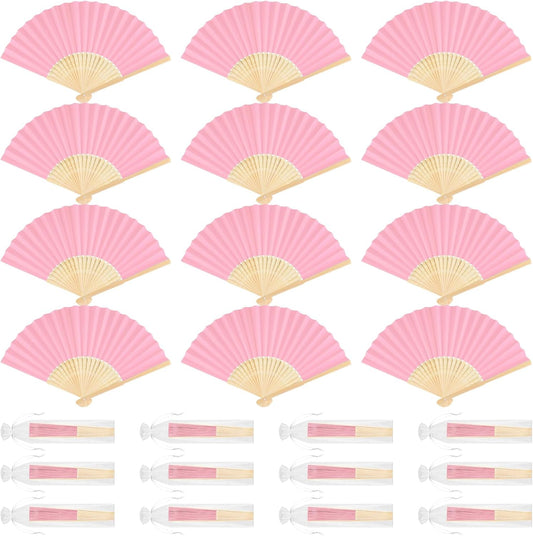 12 Pieces Pink Hand Held Bamboo Folding Fans Paper Fans Handheld for Women Foldable Girls Wedding DIY Decoration Church Home Party Favors Summer
