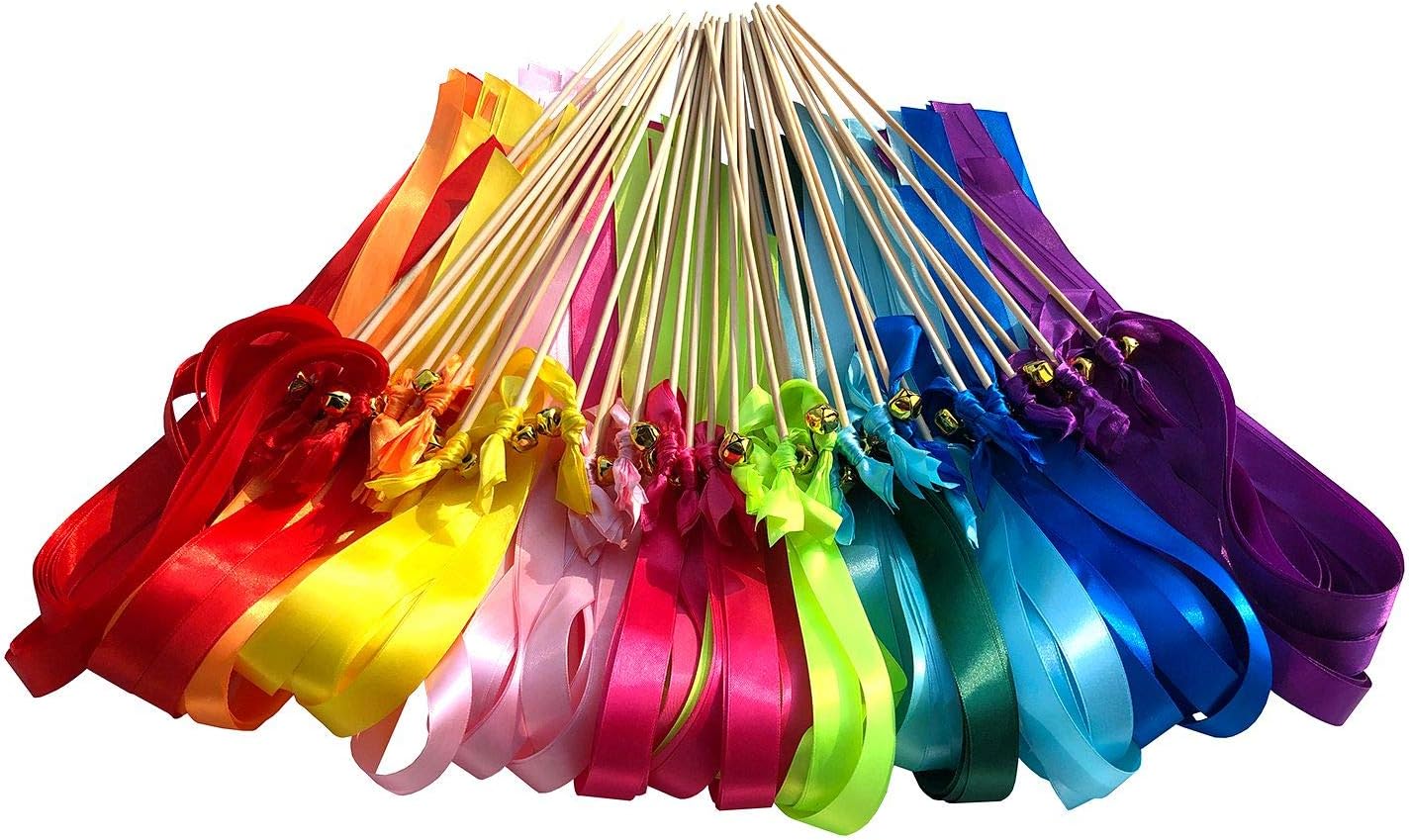 Kingsnow 50 Pack Ribbon Wands Wedding Streamers with Bells, Silk Fairy Stick Wish Wands Party Favors for Wedding Send Off Party Activities Table Holiday Celebration
