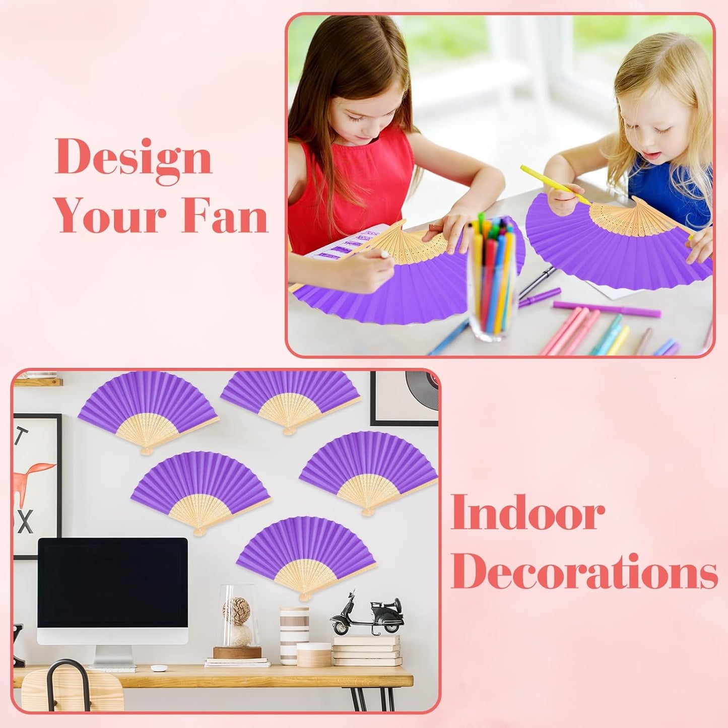 12 Pieces Purple Hand Held Bamboo Folding Fans Paper Fans Handheld for Women Foldable Girls Wedding DIY Decoration Church Home Party Favors Summer