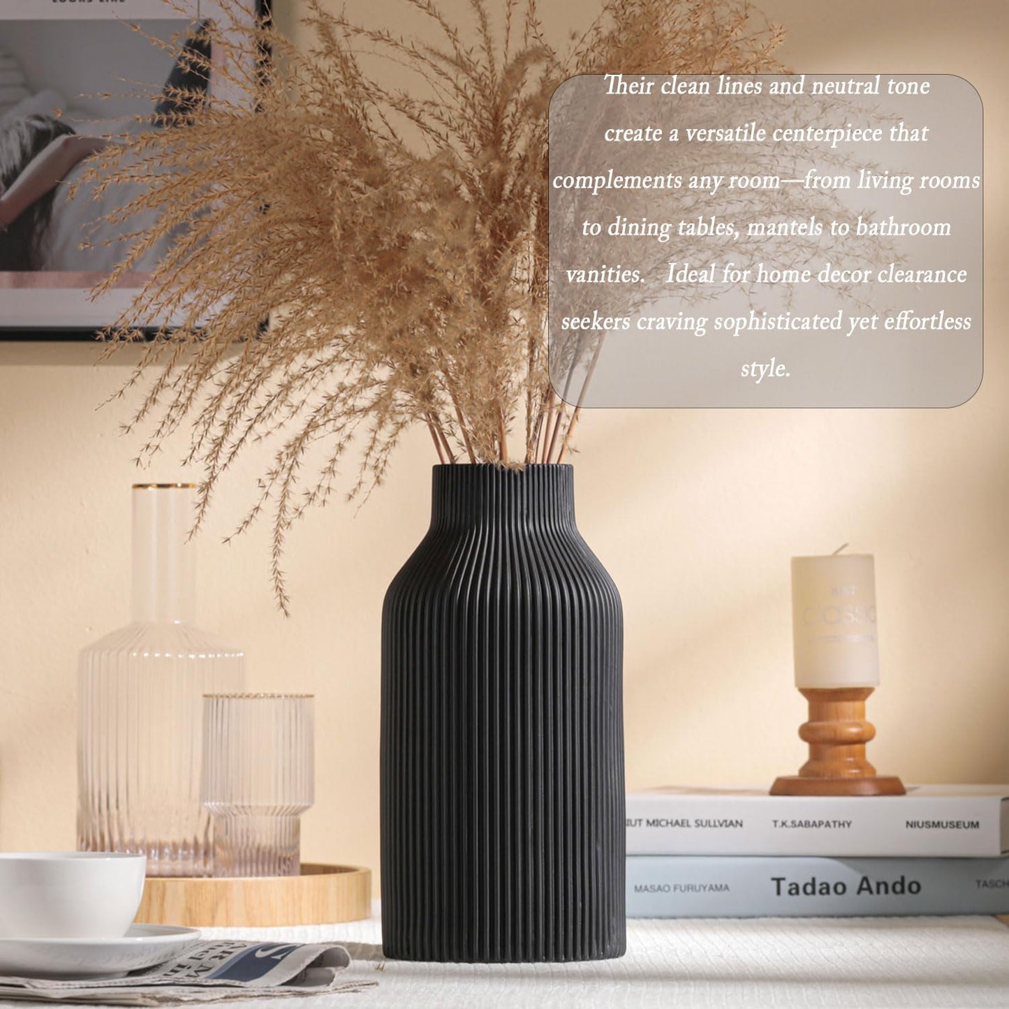 10 Inch Black Ceramic Vase for Decor,Minimalist Modern Home Decorative Large Flower Vase for Pampas Grass,Bookshelf, Living Room, Shelf, Bedroom, Bathroom, Entryway Mantel Decor