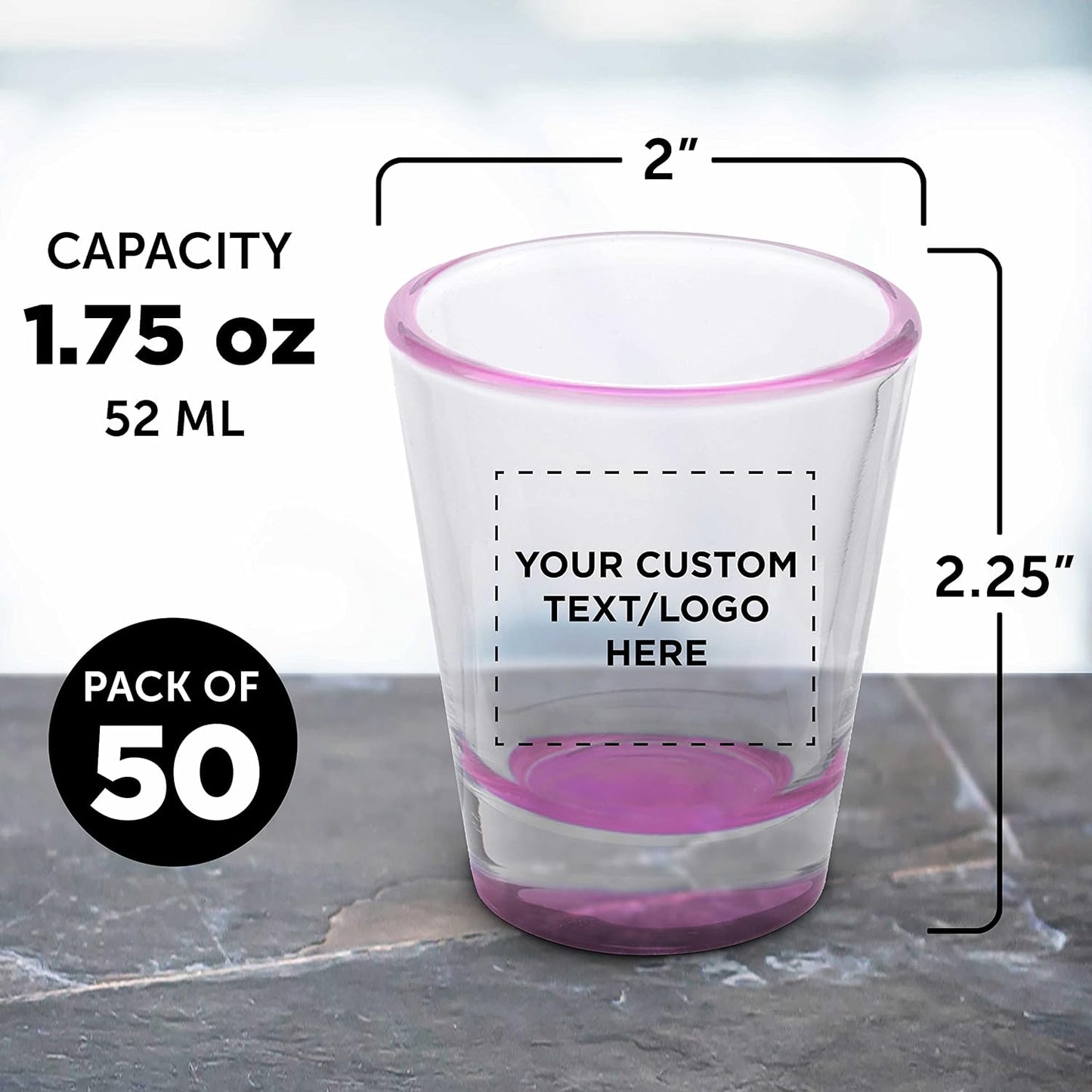 Custom Shot Glasses 1.75 oz. Set of 50, Personalized Bulk Pack - Great for Wedding Favors, Bachelorette Party Decorations, Party Fovors, Color Bottom - Pink