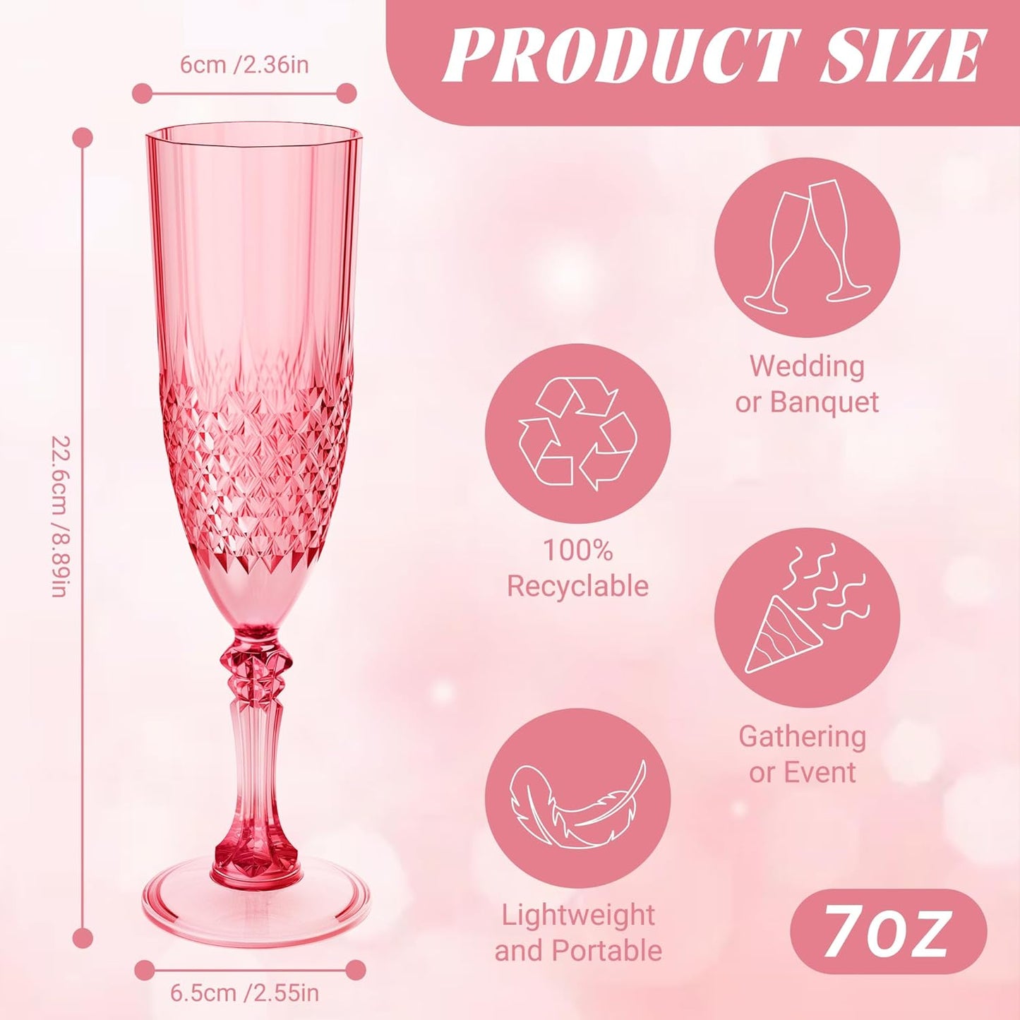 Plastic Champagne Flutes, 24PCS Red Wine Glasses Goblets Cups Reusable Flute, for Weddings Bachelor Parties Toasting and Events(24, Red)