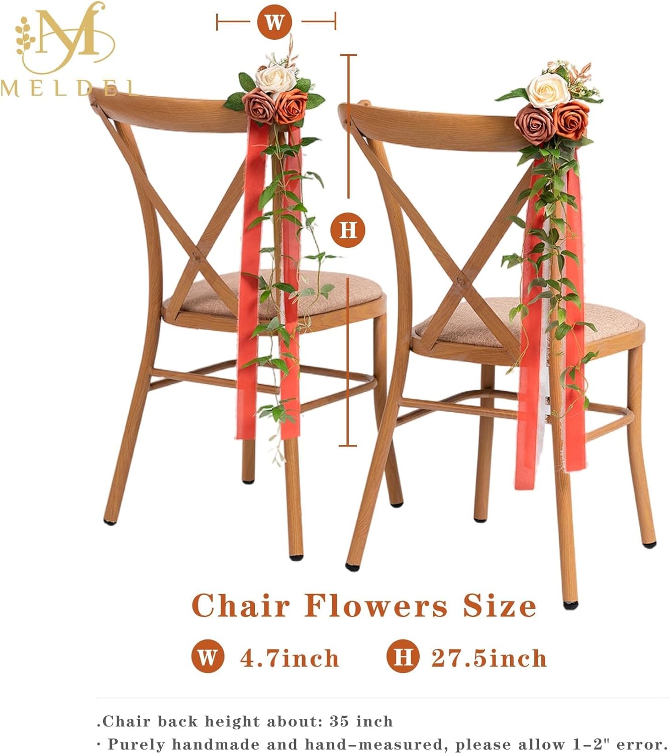 Meldel 10Pcs Wedding Chair Decorations Aisle Flowers Swag Artificial Flower Ivory Orange Garland with Ribbion for Ceremony Reception Church Rose Floral Faux Arrangement Party Outdoor Pew Decor