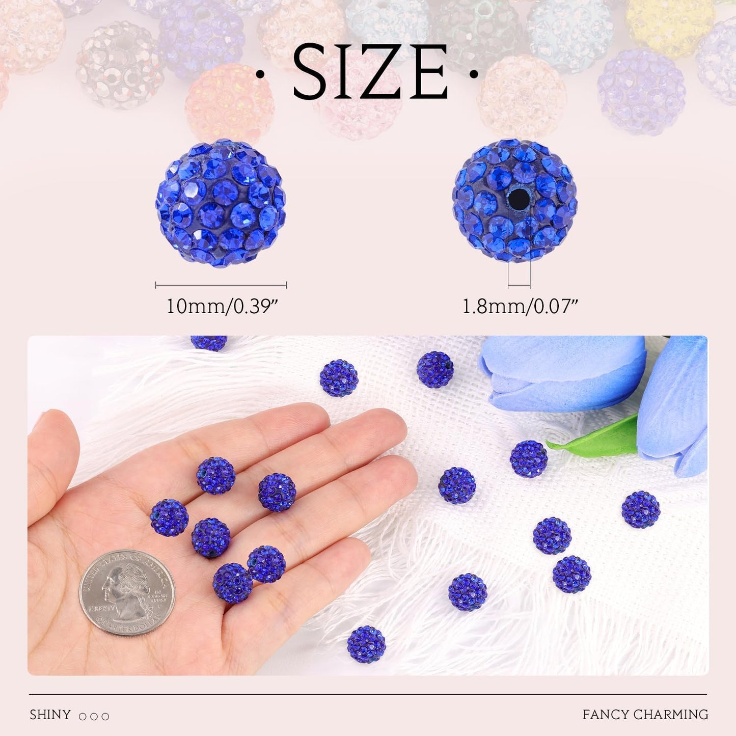 150 pcs 10mm Rhinestone Beads for Jewelry Making, 15 Mixed Colors Shiny Round Shamballa Disco Beads, Sparkle Crystal Clay Christmas for Bracelet Baseball Necklace Earring Crafting and DIY