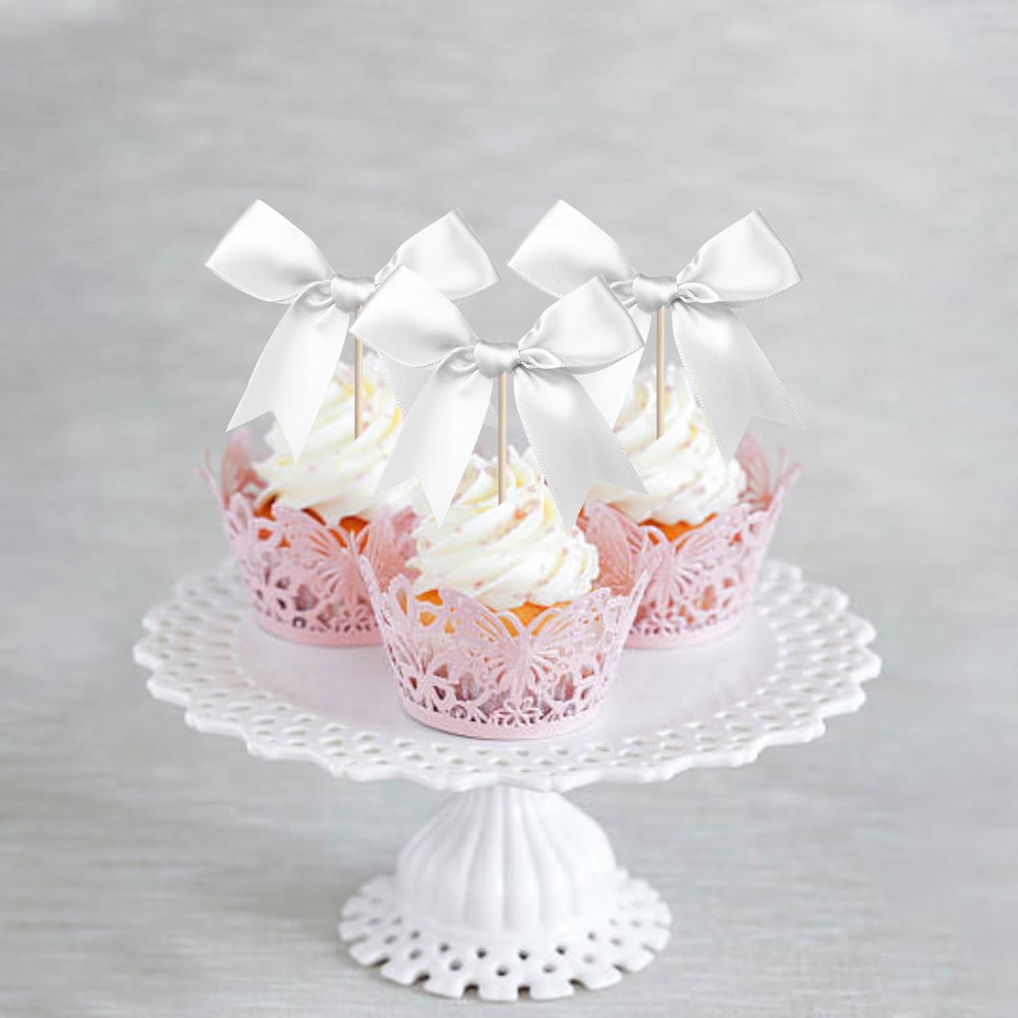 24 PCS Bow Cupcake Toppers Bow Cupcake Picks Bowknot Birthday Party Decorations Bowknot Cake Dessert Picks for Baby Shower Birthday Wedding Bridal Engagement Party Cake Decorations Supplies Silver