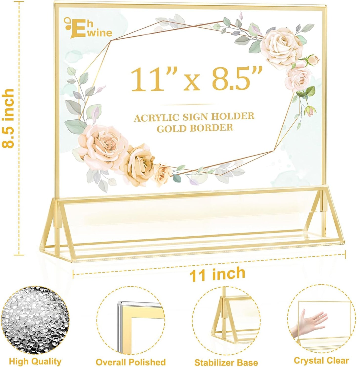 EHWINE 8 Pack Acrylic Sign Holder 8.5 x 11 Horizontal, Double-Sided Stand up Table Top Sign Holders, Gold Acrylic Picture Frame Menu Flyer Paper Holder Display Stand for Office Business Store Wedding Party