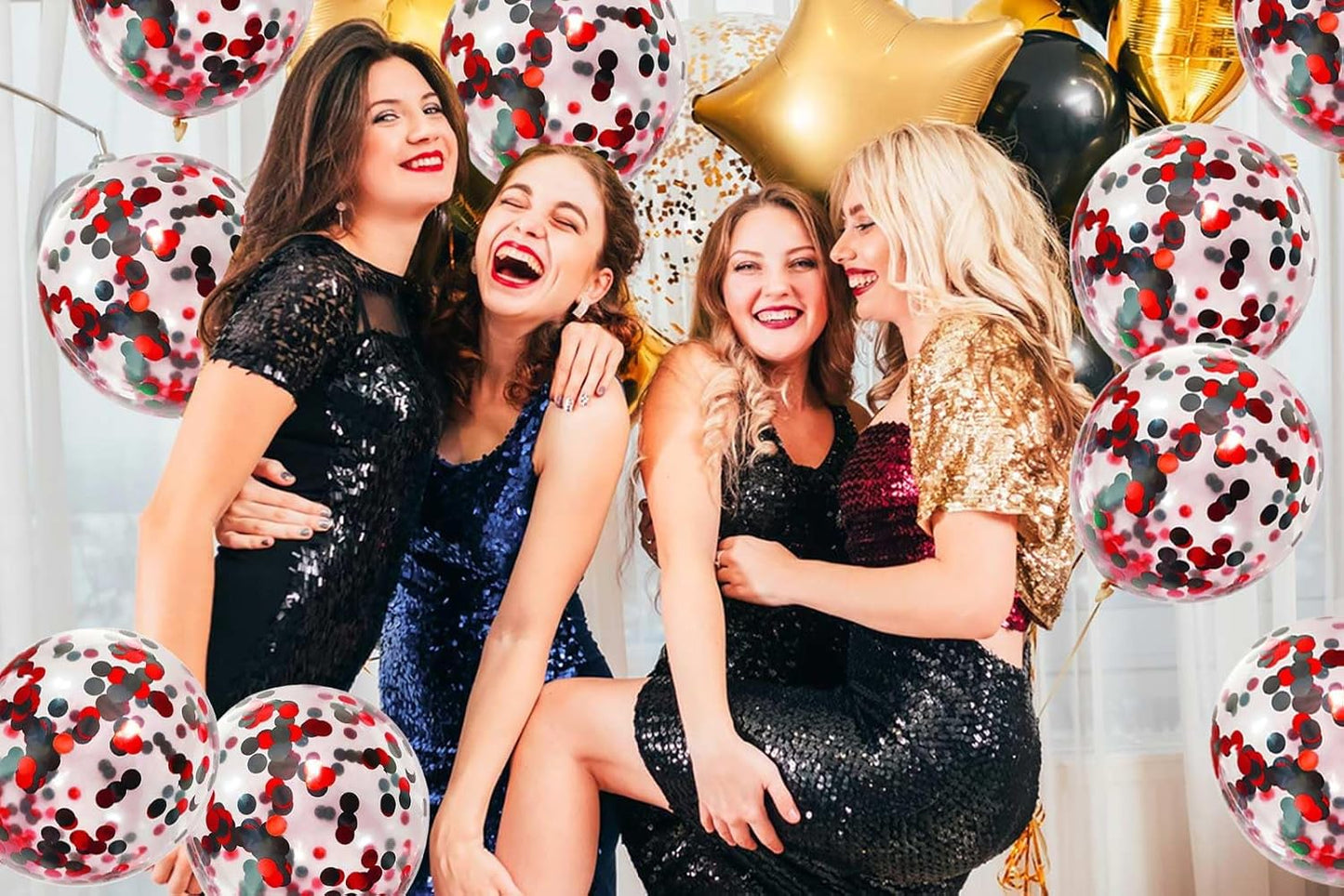 50pcs Black and Red Foil Confetti Balloons,12 inch Latex Balloon with Black Red Confetti Inside for Birthday Family Party Graduation Decorations