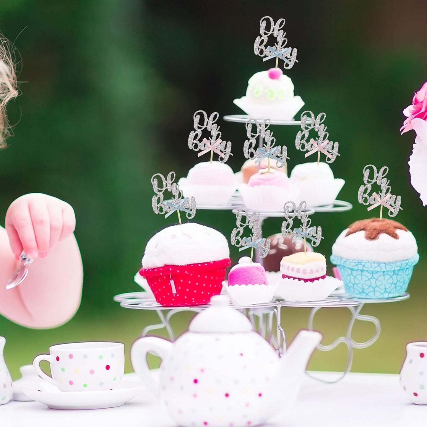 Gyufise 36Pcs Oh Baby Cupcake Toppers with Blue Pink Bowknot Silver Glitter Baby Shower Cupcake Picks Gender Reveal Cupcake Topper Decoration for Gender Reveal Baby Shower Kids Birthday Party Supplies