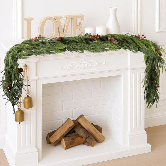 9FT Norfolk Pine Garland Christmas Artificial Greenery with Red Berries Cones, Pine Tree Decor for Mantel Fireplace Stair Rail Doorway Table, Indoor Outdoor Winter Christmas Decorations