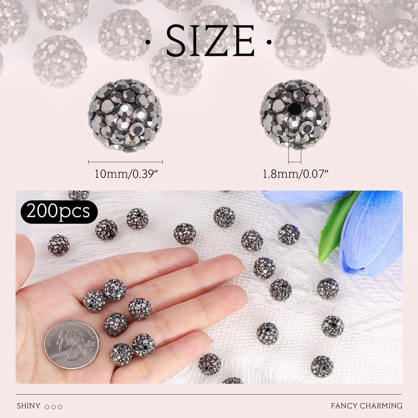 200pcs 10mm Hematite Rhinestone Beads for Jewelry Making, Shiny Round Shamballa Disco Ball Beads Bulk, Sparkle Crystal Clay Christmas for Bracelet Baseball Necklace Earring Crafting and DIY