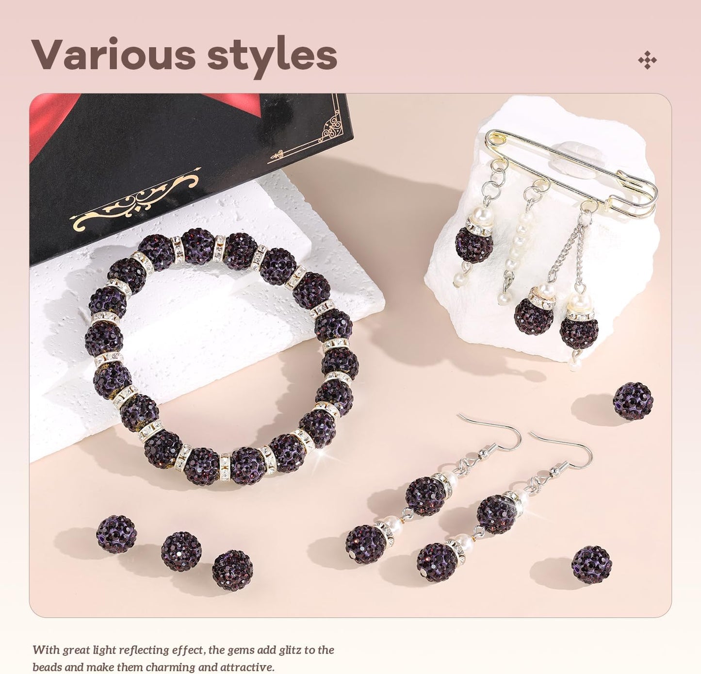 160pcs 10mm Rhinestone Beads for Jewelry Making, Dark Purple Shiny Round Disco Ball Beads Bulk, Sparkle Crystal Clay Christmas for Bracelet Baseball Necklace Earring Crafting and DIY