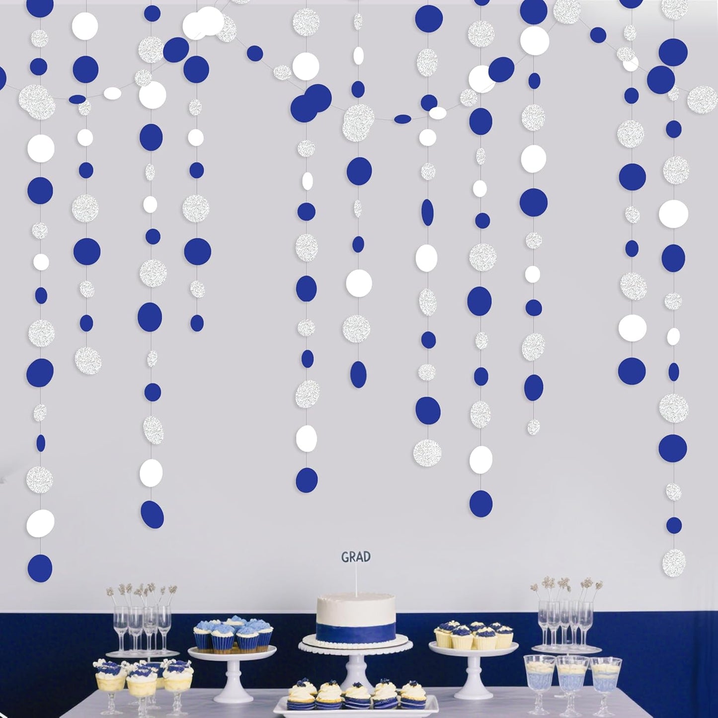 46 Feet Navy Blue White and Silver Circle Dots Garland Royal Blue Hanging Paper Polka Dots Streamer for Birthday Wedding Bridal Baby Shower Nautical Ahoy Achor Pirate Theme Party Decorations Supplies