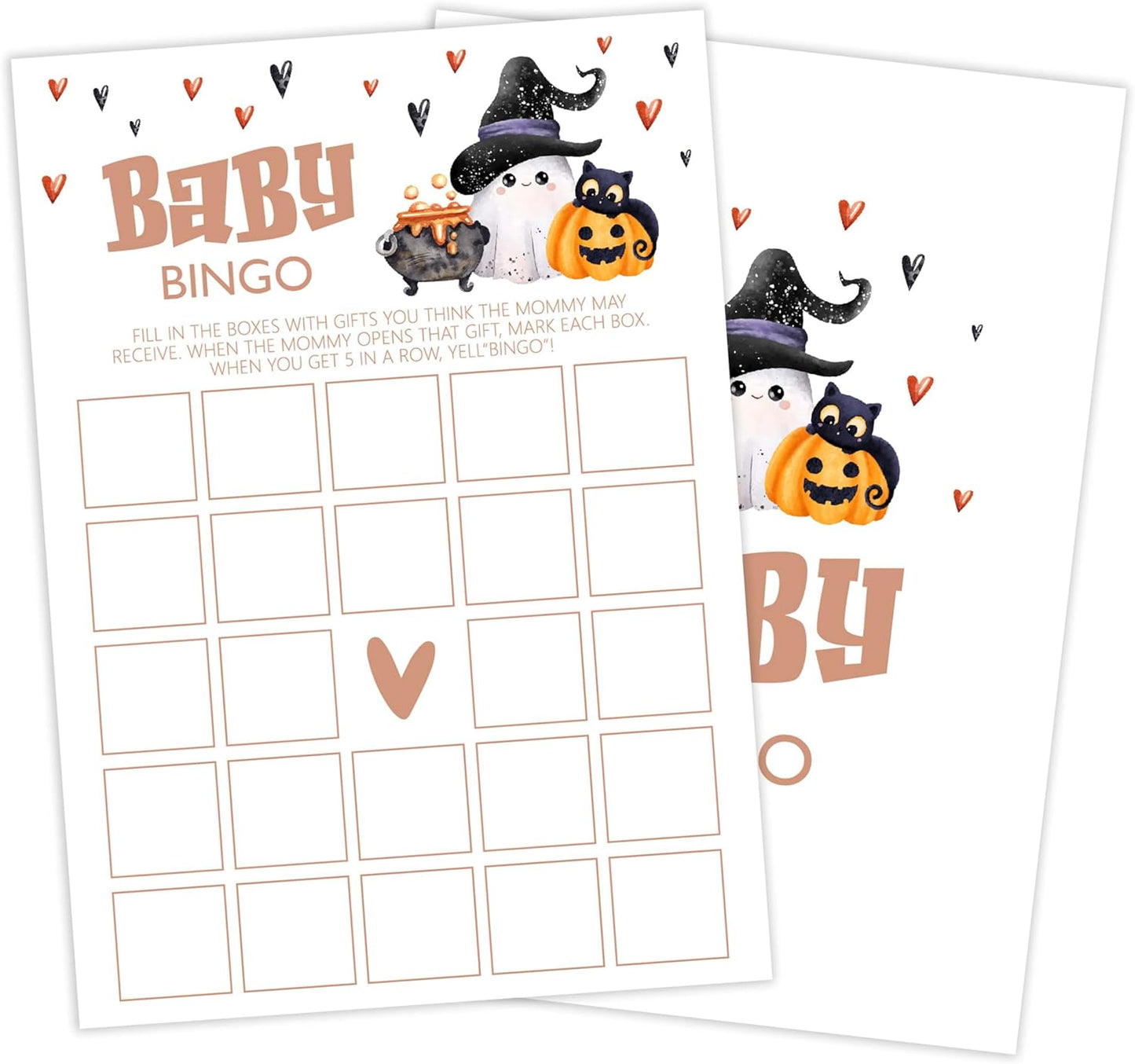 Baby Shower Games, Halloween Baby Bingo Card, 25 Double-Sided Game Cards for Gender Reveal Party Decorations Supplies Announcement - B03