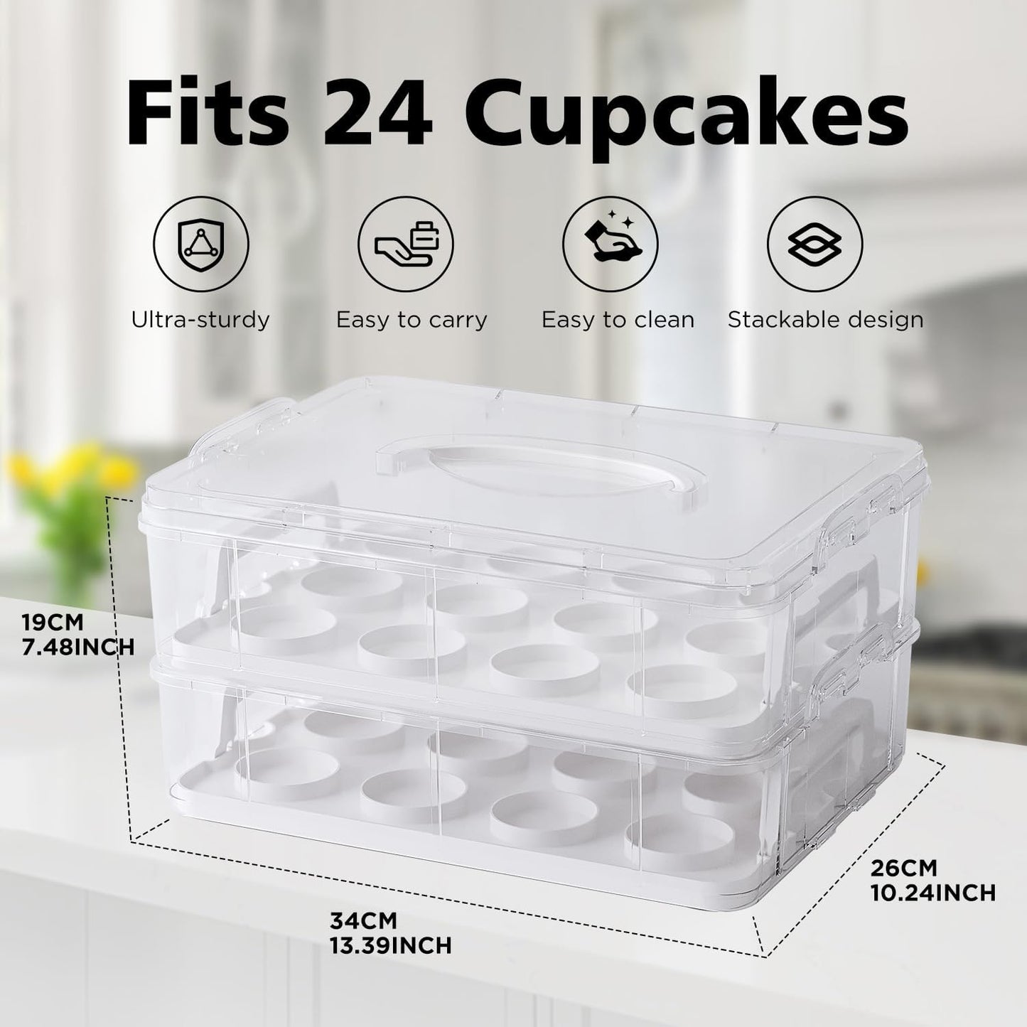 Two Tier Cupcake Carrier, White Stackable Cupcake Holder Carries for 24 Standard-Size Cupcakes, Reusable Detachable Cupcake Box