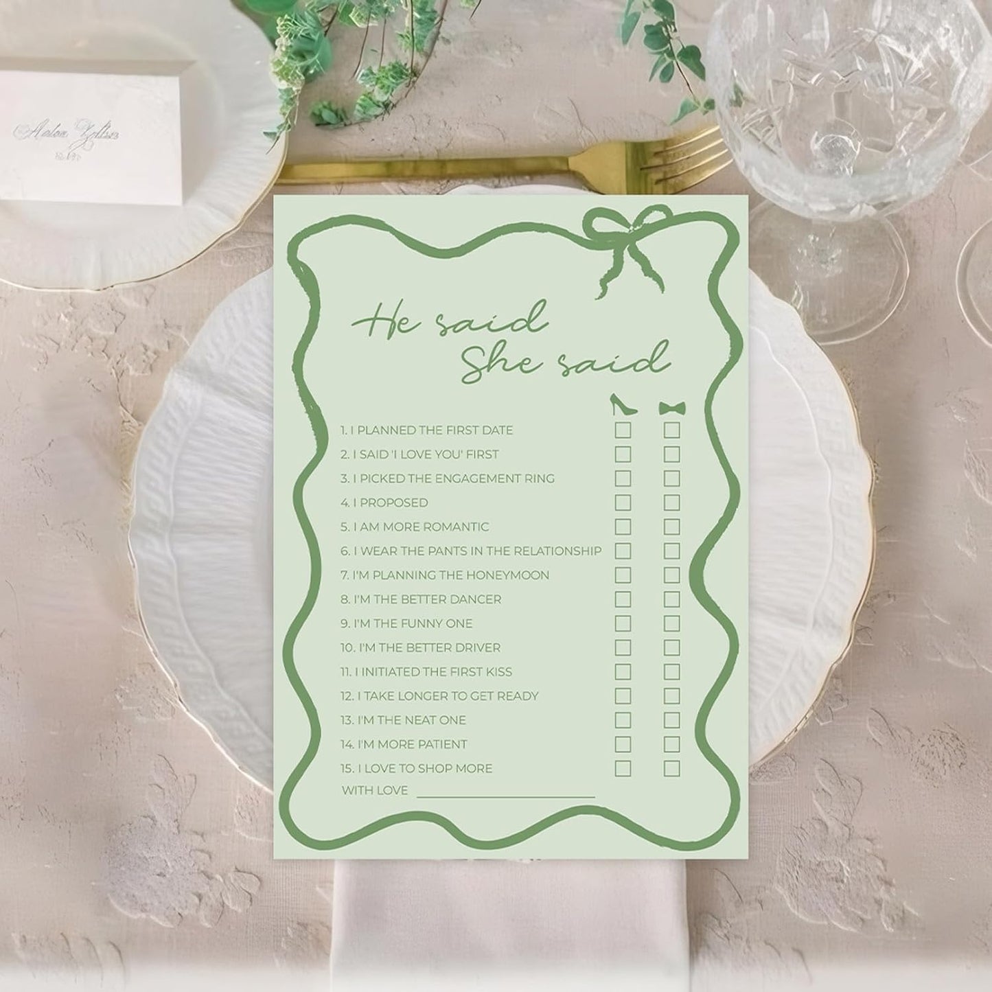 DEEKA 30 PCS Bridal Shower Games Card for 30 Guests Sage Green Wavy Border Ribbon Bow Funny Wedding Bachelorette Party Games for Reception (He Said She Said)