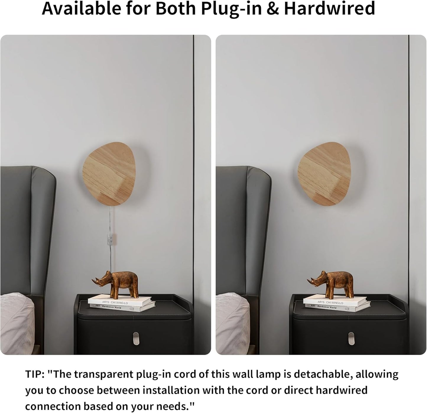 Modern Minimalist Plug in Wall Sconces, 7.9'' Plug-in Or Cordless Wood Backlight LED Wall Lamp, 8W, 700LM Warm White Brightness Wall Light Fixtures for Bedroom, Living Room Wall Décor