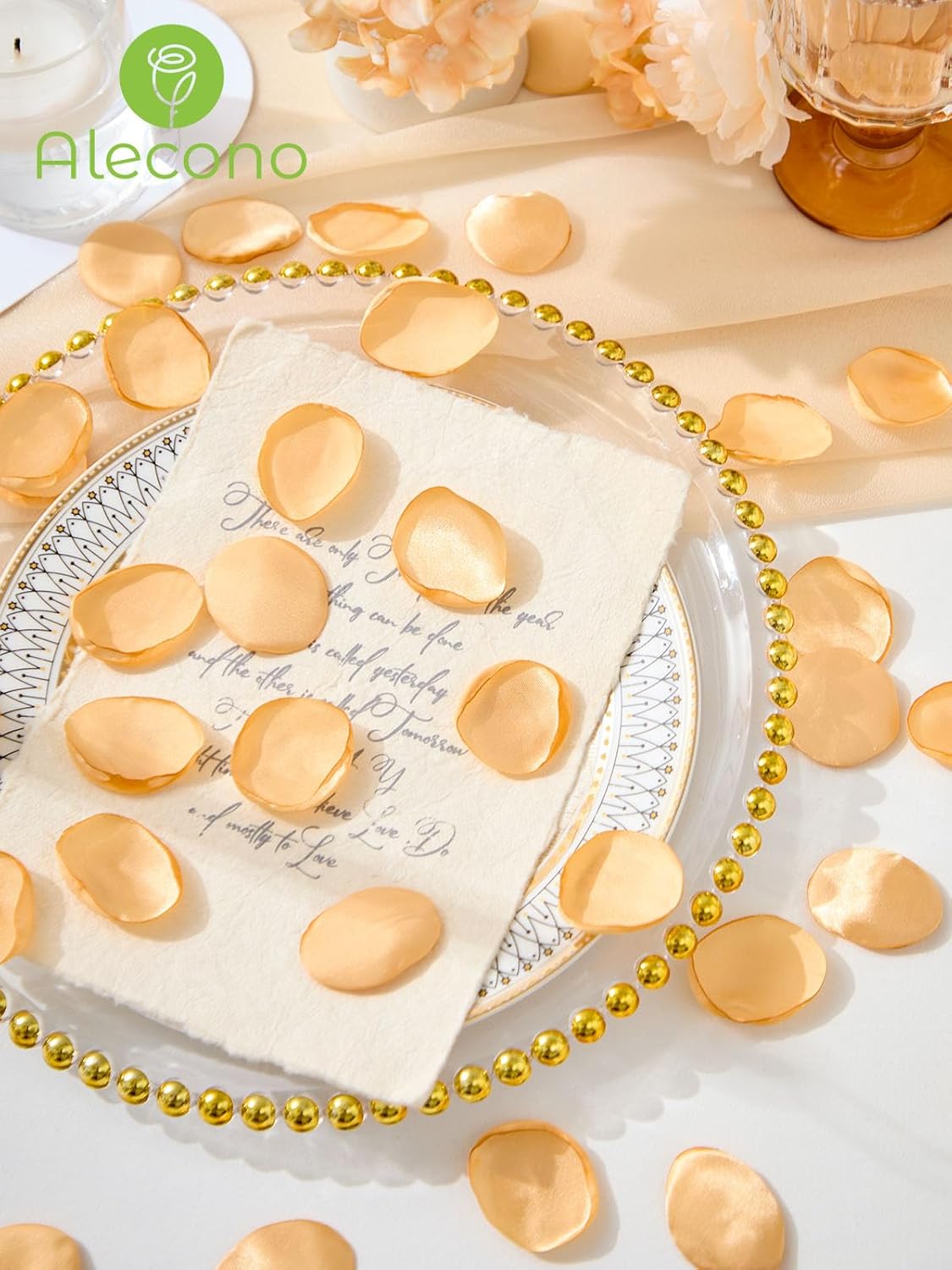 Alecono 𝟰𝟬𝟬𝙋𝙘𝙨 Silk Rose Petals, Fake Champagne Golden Petals for Wedding Proposal Flower Girl Basket, Flower Petals to Throw at Wedding Birthday Party Decoration