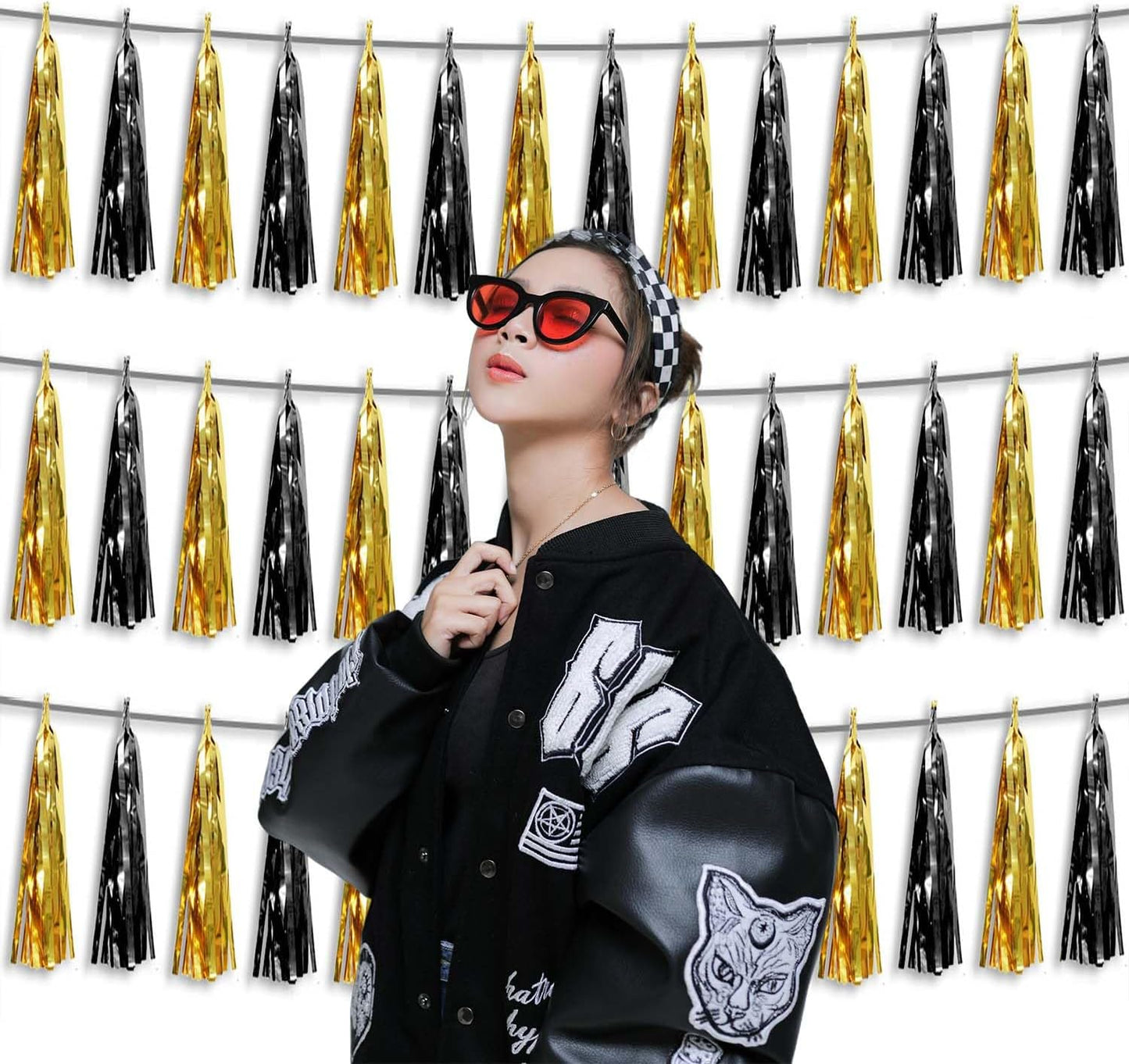 3P Metallic Fringe Tassel Banner Garland Foil Tinsel Streamer Wall Hanging Curtain Backdrop Banner for Parade Floats,Graduation Decorations, Father's Day,New Years Party Decoration(Black Gold)