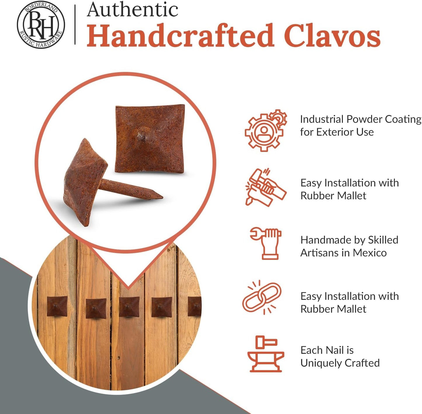 10 Pack 0.75" Square Head Iron Clavos Decorative Nails – Rusted – Handmade Rustic Square Fasteners for Farmhouse Shutters, Faux Wood Beams, Barn Doors, Shutters, and Gates – Ornamental Wood Accent
