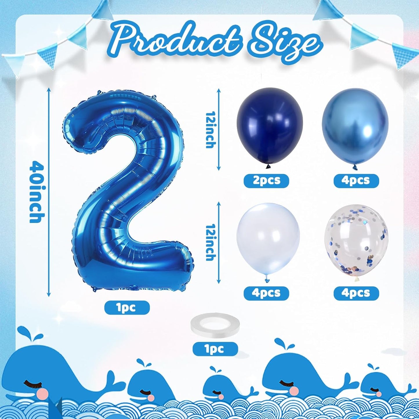 Foil Number Balloons - 2nd Birthday, Pastel Helium Balloons, 40 inch, Navy, Dark Blue, Silver Confetti, Self Inflating, Big Two, Boys' Birthday Party Decor