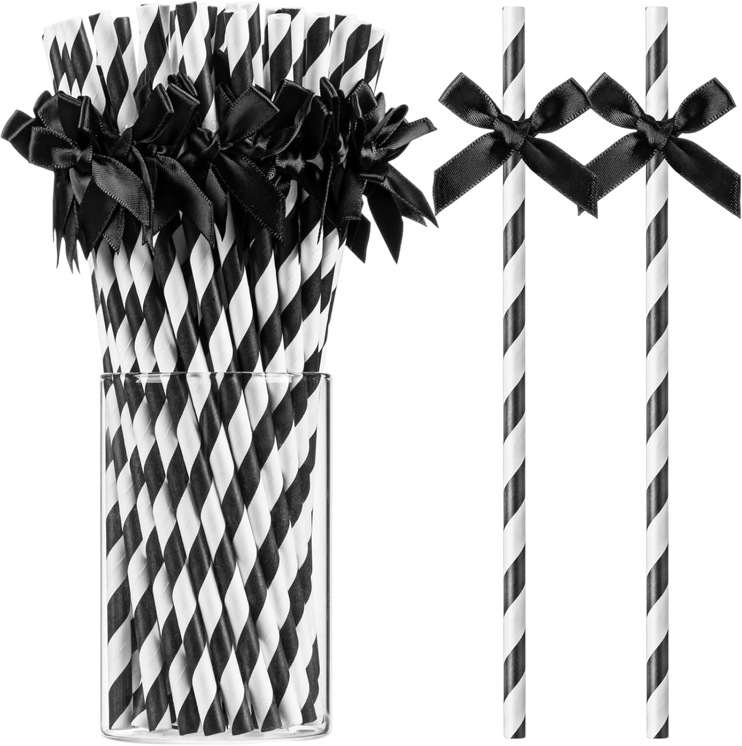 100 Pcs Black Bow Paper Straws for Drinking, Black and White Disposable Striped Paper Straw Bulk Birthday Party Supplies for Wedding Bachelorette Halloween Bridal Shower Party Decorations