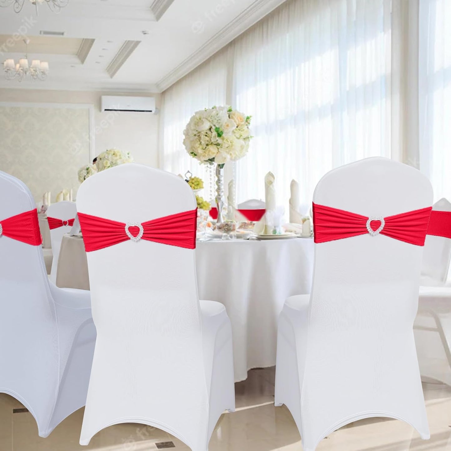 Howhic Pack of 30 Spandex Chair Sashes Bows Stretch Chair Cover Band with Buckle Slider Universal Elastic Chair Ties for Wedding Banquet Party Event Decoration (Ruby)