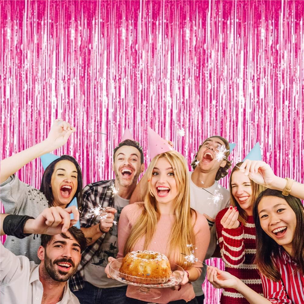 GOER 3.2 ft x 8.2 ft Metallic Tinsel Foil Fringe Curtains Party Photo Backdrop Party Streamers for Galentines Day,Birthday,Graduation,New Year Eve Decorations Wedding Decor (3 Pcs, Hot Pink)