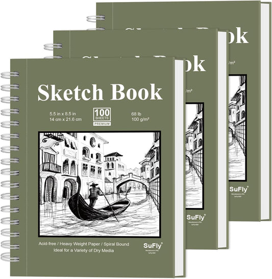 Sketch Book 5.5 X 8.5 inch, Artist Sketch Pad (Pack of 3), 300 Sheets (68lb/100gsm) Spiral Bound Sketchbook, 100 Sheets Each, Acid Free Drawing Paper, Suitable for Adults & Teens