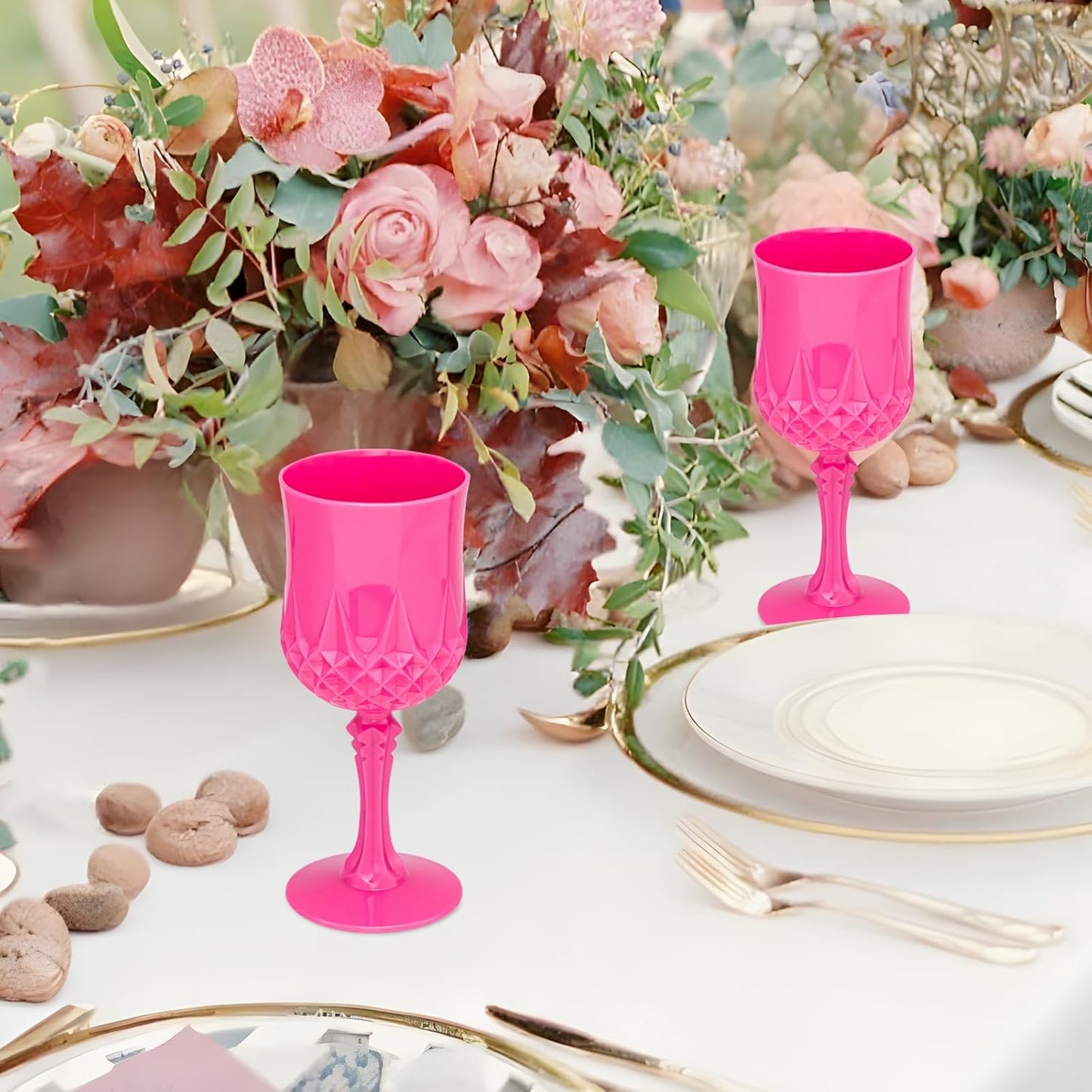 Plastic Vintage Wine Glasses 7OZ Plastic Goblets Vintage Drinking Glasses 48PCS Retro Wedding Glassware Water Goblets Reusable Drinking Cups for Party,Reception,Celebration,Bar,Whiskey(Rose Pink)