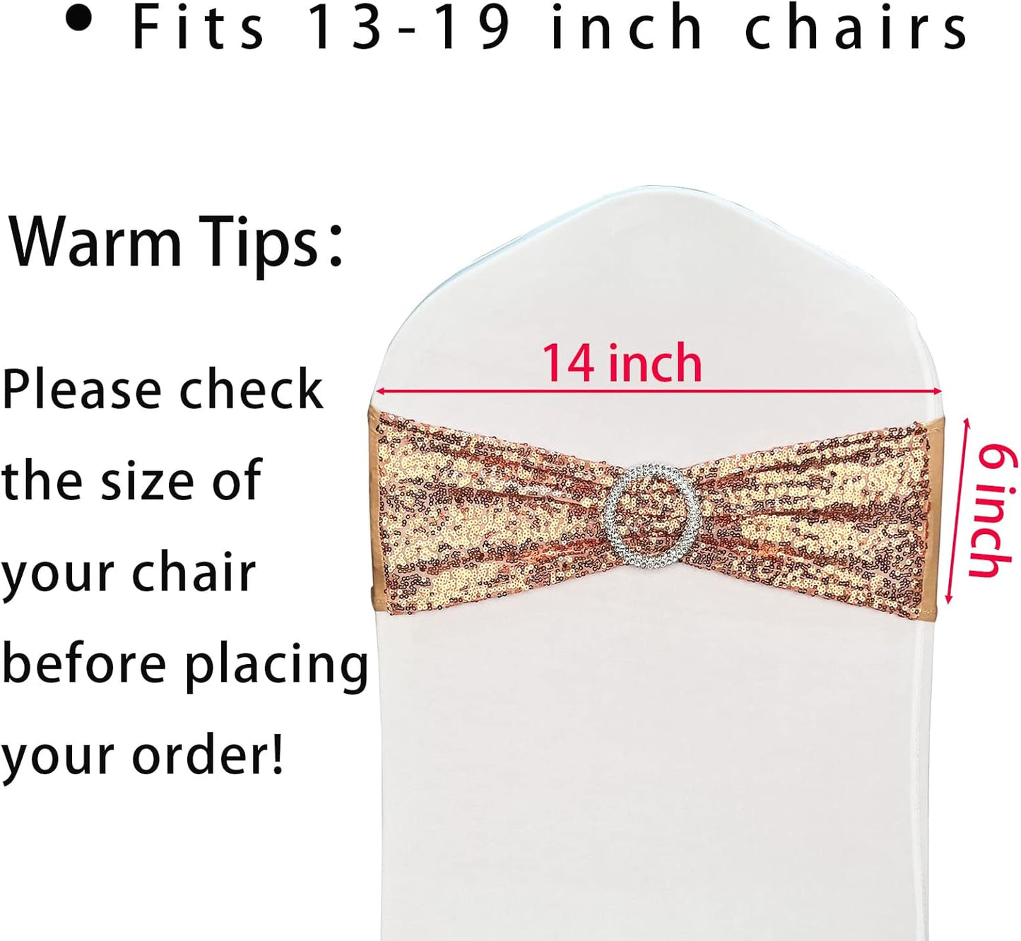 Chair Sashes Sequin Stretch Chair Bands Spandex Polyester Bows for Party Hotel Wedding Banquets Decoration - 6 Pcs Rose Gold