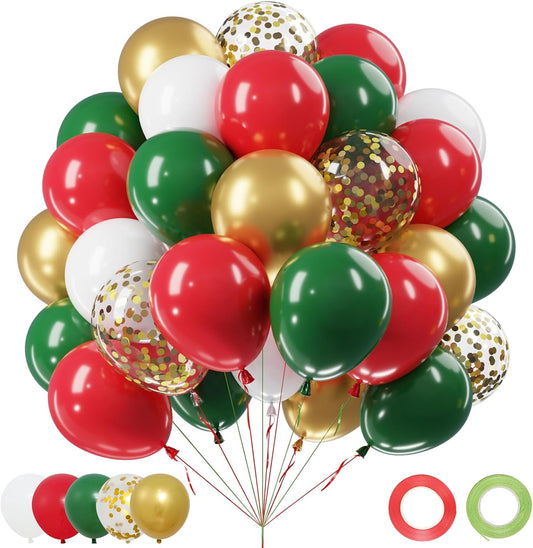Christmas Red Green Gold Balloons Set, 60Pcs 12 Inch Red Green White Metallic Gold Confetti Latex Balloon Kit for Christmas Grinch Birthday Party Decorations