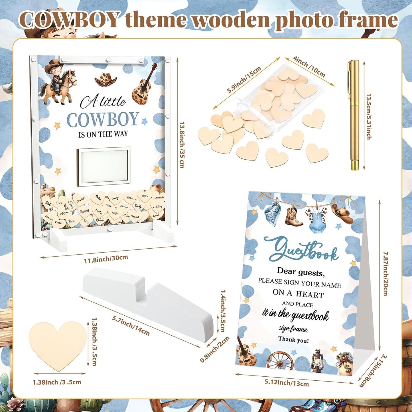 65 Pcs Cowboy Baby Shower Decorations Guest Book Alternatives a Little Cowboy is on The Way Decorations Western Baby Shower Party Supplies Sign in Guest Book with Picture Frame and 60 Wooden Chip