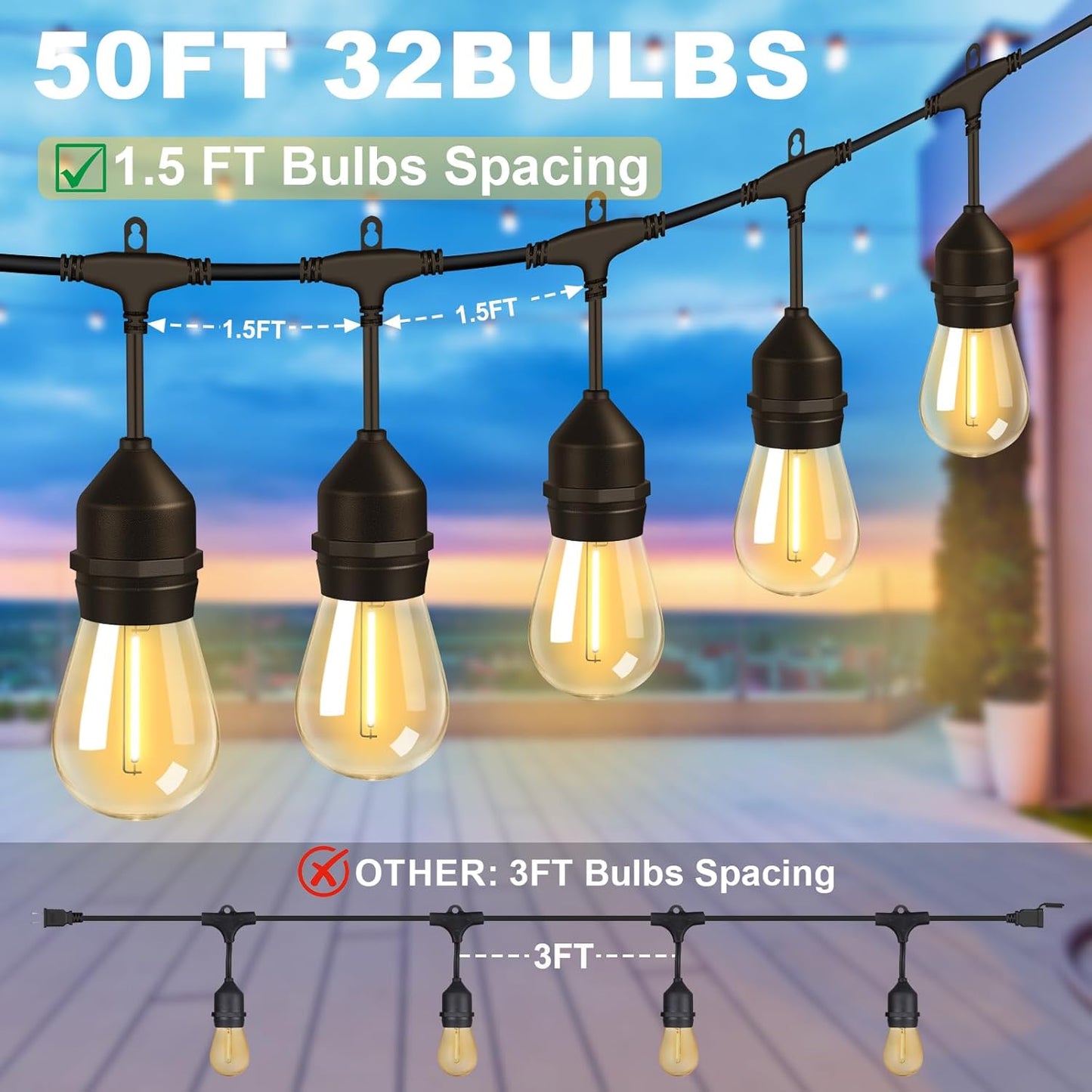 50FT Outdoor String Lights with 32+2 Bulbs (1.5FT Bulbs Spacing), Remote & Dimmer, Commercial Patio String Lights with 3 Mode Light & Timing, IP65 Waterproof, 50PC Mounting Ties for Outside