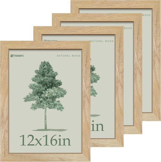12x16 Picture Frame Set - 4 Pack, Natural Woodgrain, HD Tempered Glass, Wall Gallery Photo Frame