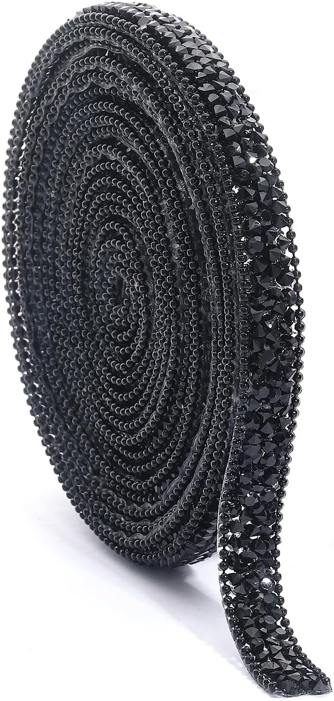 Black Rhinestone Ribbon 3 Yards Self Adhesive Rhinestone Strips Diamond Ribbon Sticker Crystal Roll Glitter Bling Rhinestones Tape for Crafting DIY Art Decoration (0.4 Inch)