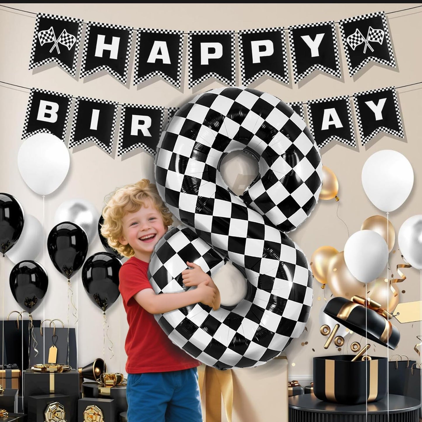 40 Inch Checkered Number 8 Balloon - Race Flag Pattern Big Helium Balloon for Birthday Party Decorations - Black & White Balloon for Kids Adults Party Supplies (Racing Car, Number 8)